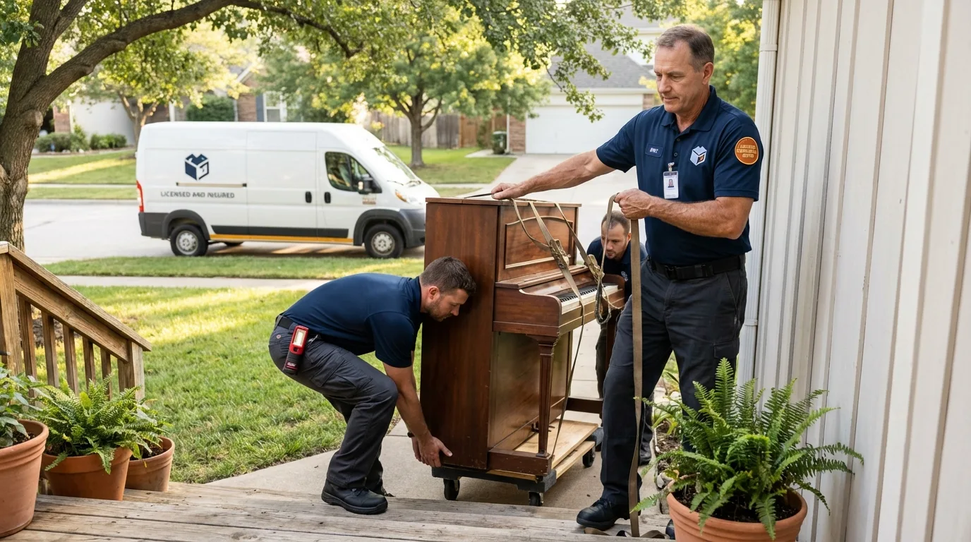 Licensed piano movers securing grand piano in Fayetteville, WV