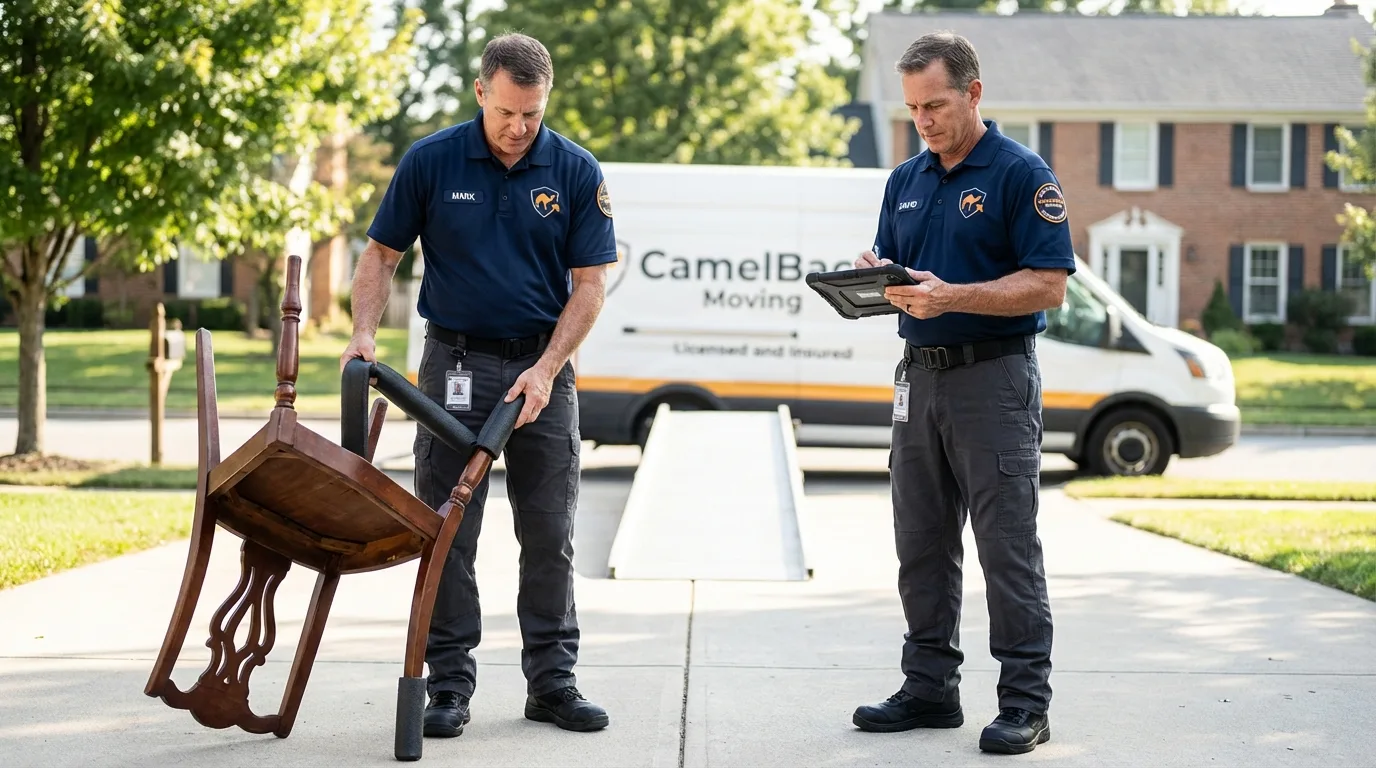 Movers inspecting furniture for damage prevention before loading in Fayetteville, WV