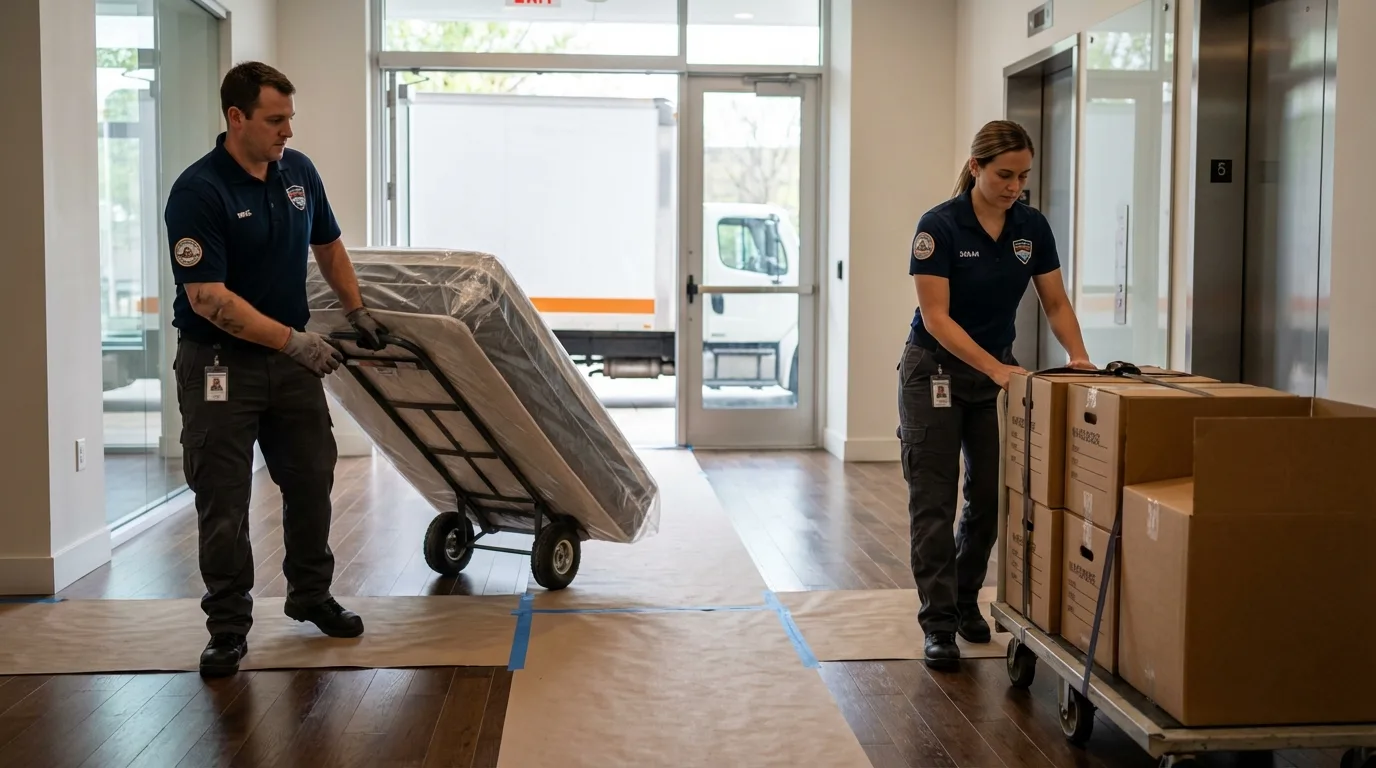 Professional apartment movers loading elevator in Fayetteville, WV