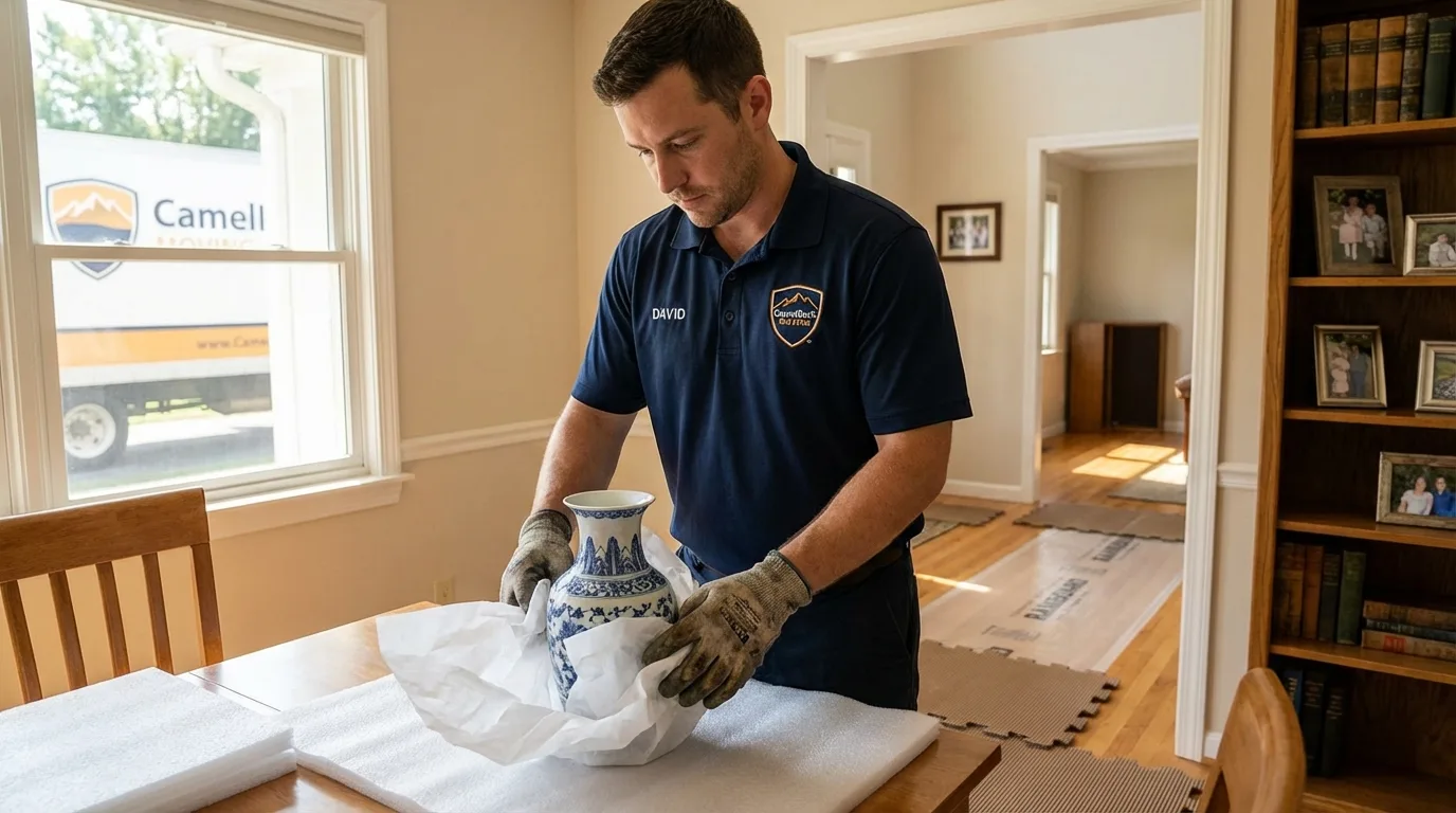 Professional crew carefully wrapping antique vase for senior downsizing move in Fayetteville, WV